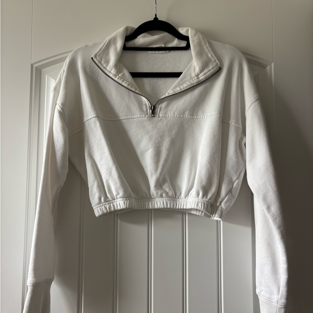 Wayf White Cropped Quarter-Zip Sweatshirt